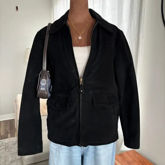 Vintage 90s Distressed Black Suede Leather Bomber Jacket Quilted Lining No Size - Picture 2 of 16